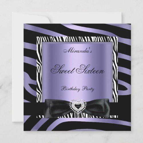 Sweet Sixteen 16 Party Purple White Zebra Black Invitation