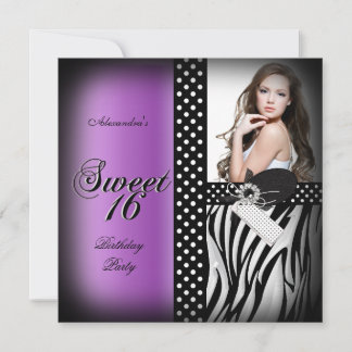 Sweet Sixteen 16 Party Purple Zebra Black Spot Invitation