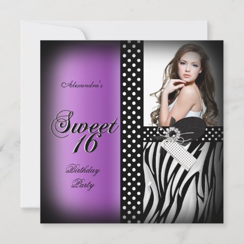 Sweet Sixteen 16 Party Purple Zebra Black Spot Invitation