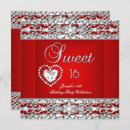 Sweet Sixteen 16 Party Red Silver Diamond Invitation