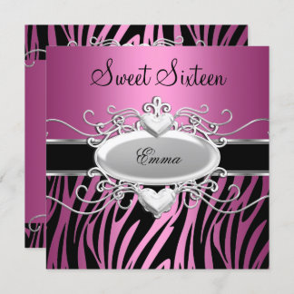 Sweet Sixteen 16 Party Silver Pink Black Zebra Invitation