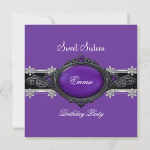 Sweet Sixteen 16 Party Silver Purple Black Jewel Invitation