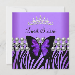 Sweet Sixteen 16 Party Zebra Pearl Butterfly Invitation