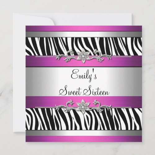 Sweet Sixteen 16 Pink Black White Zebra Silver Invitation