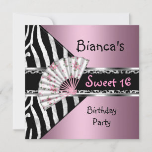 Sweet Sixteen 16 Pink Fan Black Zebra Leopard Invitation