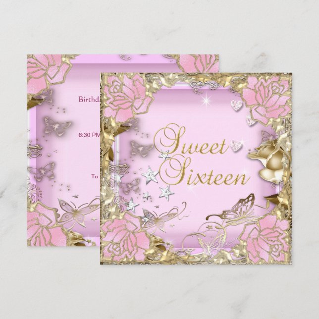 Sweet Sixteen 16 Pink Gold Floral Invitation (Front/Back)