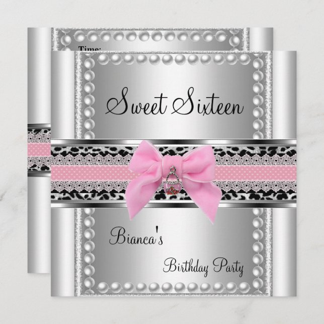 Sweet Sixteen 16 Pink Lace Silver Pearl Leopard Invitation (Front/Back)