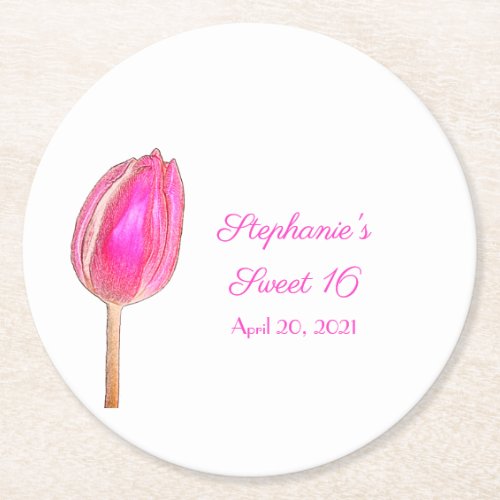 Sweet Sixteen 16 Pink Purple Tulips Cute Girly Round Paper Coaster