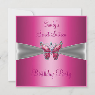 Sweet Sixteen 16 Pink Silver Butterfly Birthday Invitation