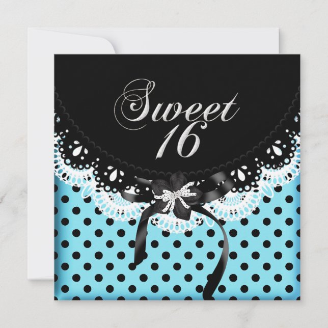 Sweet Sixteen 16 Polka Dot Black & White Blue Invitation (Front)