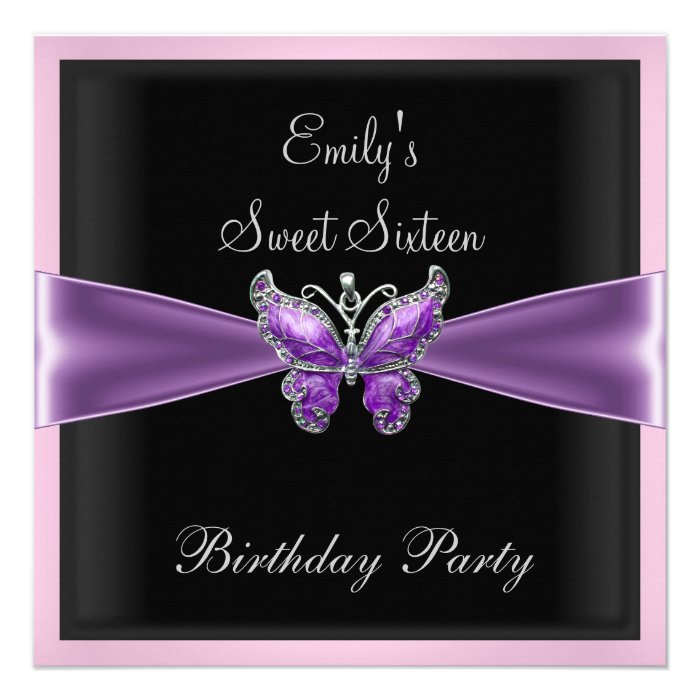 Sweet Sixteen 16  Purple Butterfly black 1 Custom Announcement