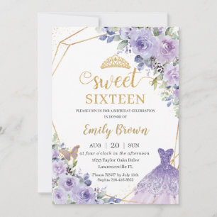 Sweet Sixteen 16 Purple Floral Princess Birthday Invitation