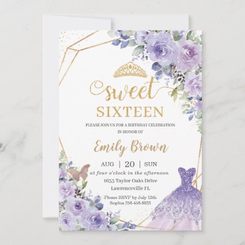 Sweet Sixteen 16 Purple Floral Princess Birthday  Invitation