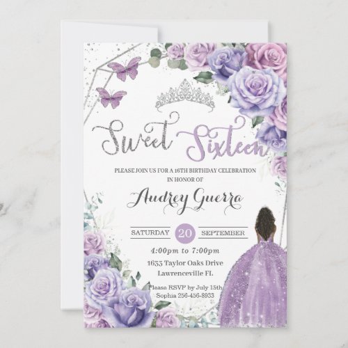 Sweet Sixteen 16 Purple Floral Princess Birthday Invitation