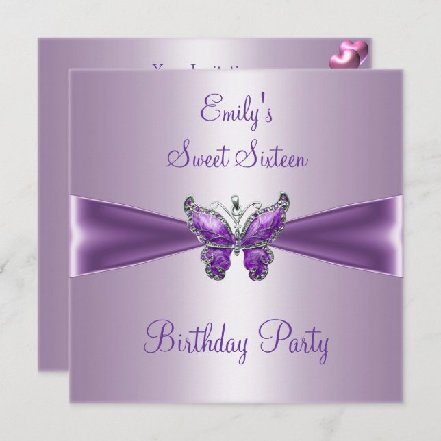 Sweet Sixteen 16 Purple Mauve Butterfly Birthday Invitation (Front/Back)