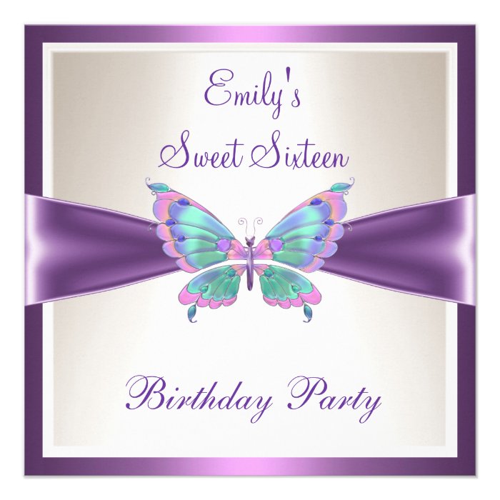 Sweet Sixteen 16 Purple Pink Butterfly Birthday Invitations