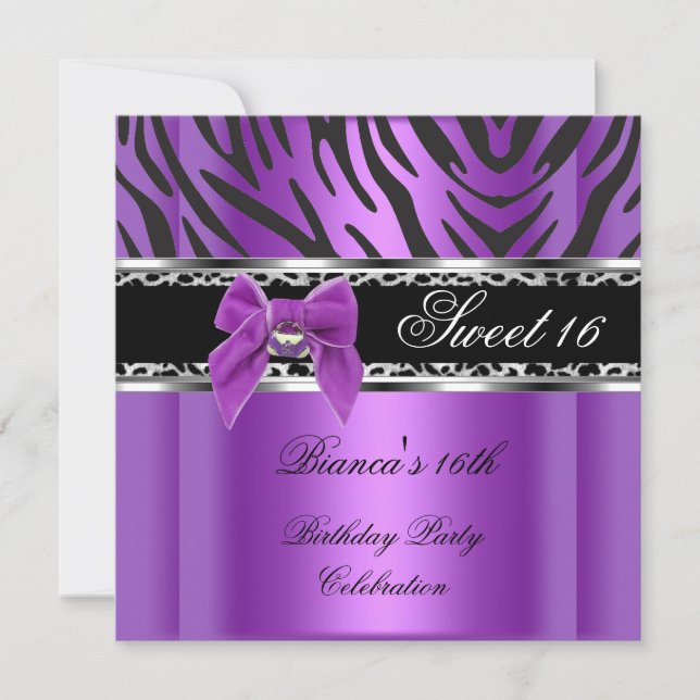 Sweet Sixteen 16 Purple Silver Black Zebra Leopard Invitation (Front)