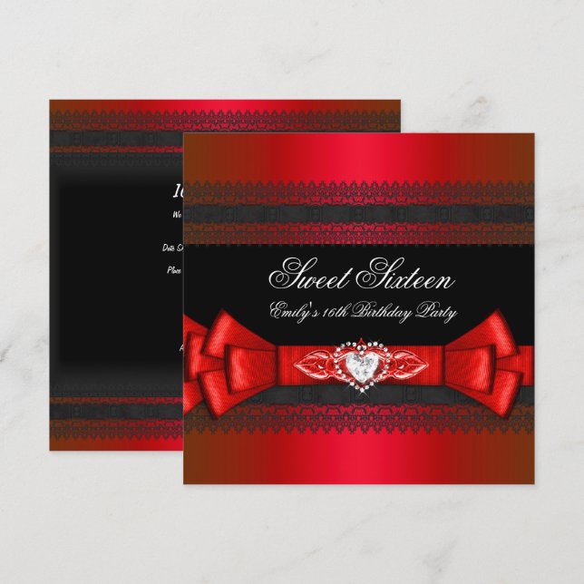 Sweet Sixteen 16 Red Black Diamond Bow Invitation (Front/Back)