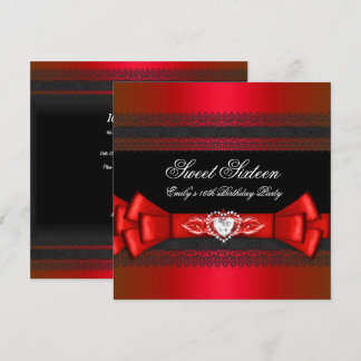 Sweet Sixteen 16 Red Black Diamond Bow Invitation