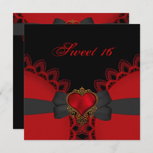 Sweet Sixteen 16 Red Black Lace Heart Gothic Invitation (Front/Back)