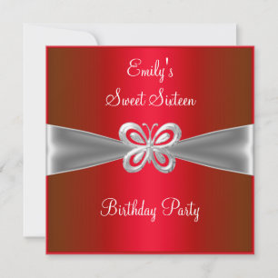 Sweet Sixteen 16 Red Silver Butterfly Jewel 4 Invitation