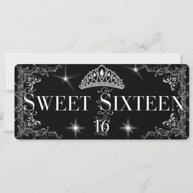Sweet Sixteen 16 Regal Black Silver Tiara Invitation (Front)