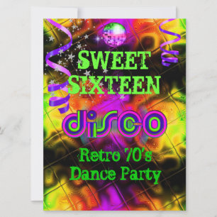 Sweet Sixteen 16 Retro 70's Disco Dance Party Invitation