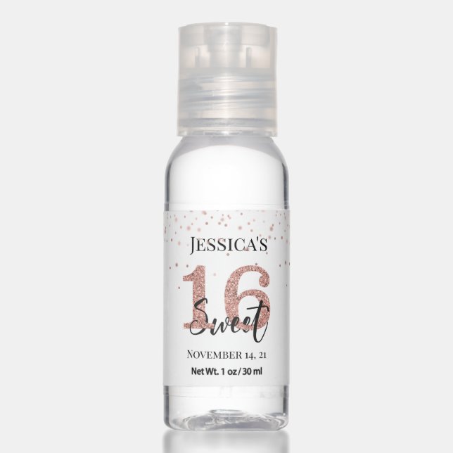 Sweet Sixteen 16 Rose Gold Glitter party Hand Sanitizer (Front)