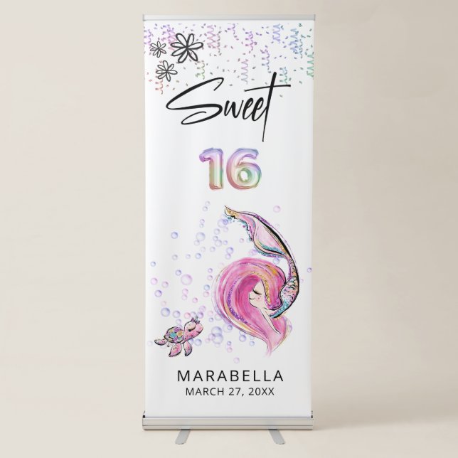 *~* SWEET SIXTEEN 16 Sea Turtle Mermaid Glitter Retractable Banner (Front)