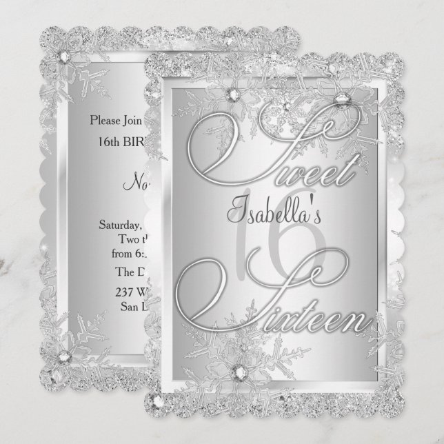 Sweet Sixteen 16 Snowflake Winter Wonderland Invitation (Front/Back)
