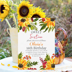 Sweet Sixteen 16 Sunflowers Birthday Floral Invitation