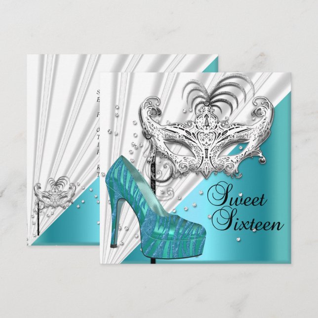 Sweet Sixteen 16 Teal Silver Masquerade Mask 2 Invitation (Front/Back)