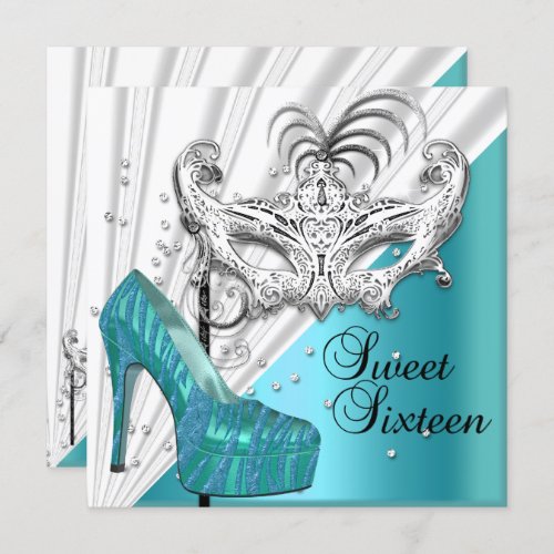 Sweet Sixteen 16 Teal Silver Masquerade Mask 2 Invitation