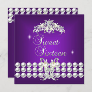 Sweet Sixteen 16 Tiara Purple Silver White Pearl Invitation