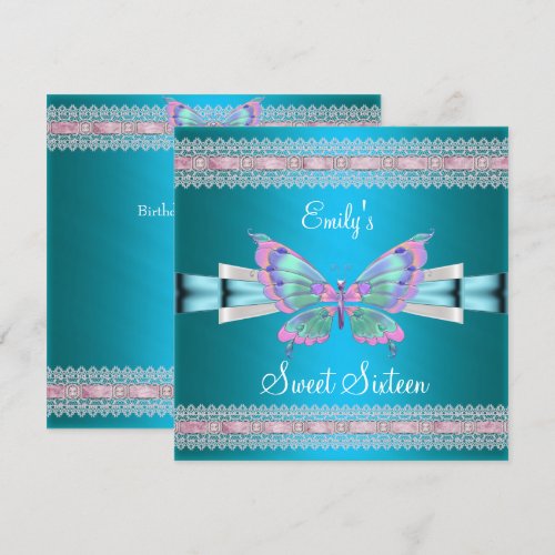 Sweet Sixteen 16 White Teal Blue Pink Butterfly Custom Invitation