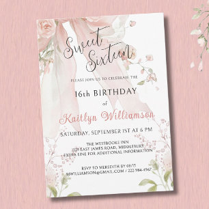 Sweet Sixteen 16 Years Pink Bow Floral Invitation