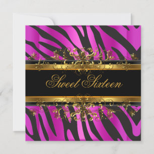 Sweet Sixteen 16 Zebra Hot Pink Gold Black Invitation