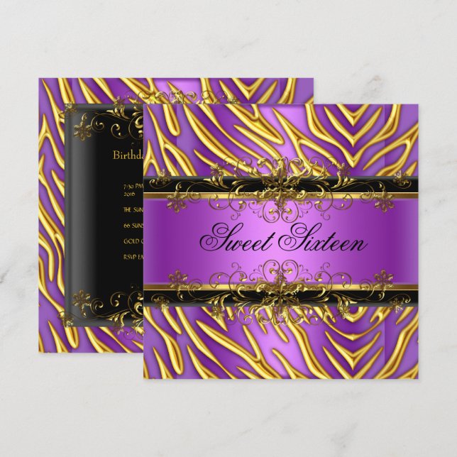 Sweet Sixteen 16 Zebra Purple Gold Black Invitation (Front/Back)