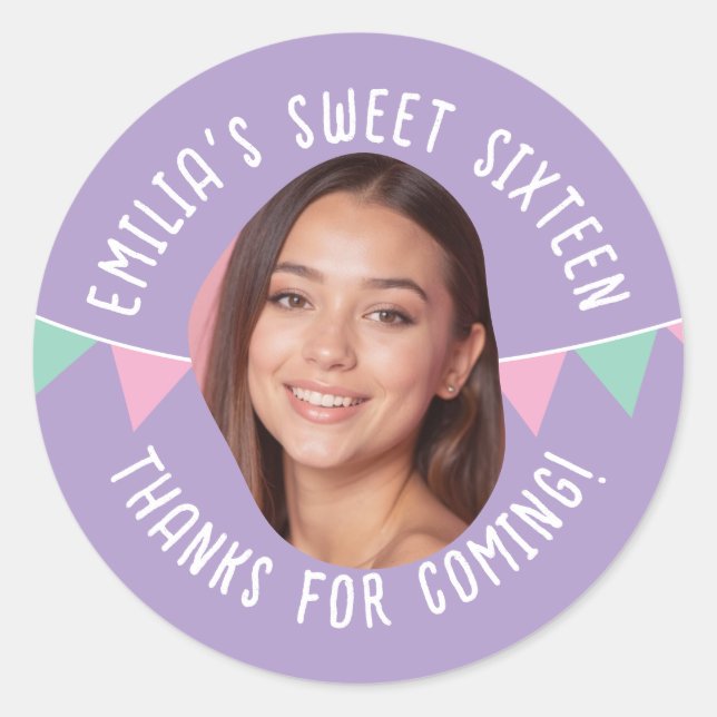 Sweet Sixteen 16th Birthday Custom Photo Banner Cl Classic Round Sticker (Front)