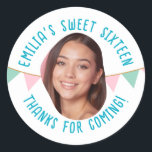 Sweet Sixteen 16th Birthday Custom Photo Banner Classic Round Sticker<br><div class="desc">These festive stickers make the perfect party favors or thank you expressions for celebrating 16th birthdays. Personalize with the birthday girl's photo and name. You can also change the colors of the text and the background.</div>