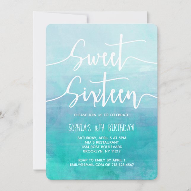 Sweet Sixteen 16th Birthday Invitation Blue Ombre (Front)