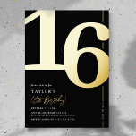 Sweet Sixteen 16th Birthday Party Foil Invitation<br><div class="desc">Real foil black and gold 16th birthday party invitations featuring the number '16' in a large bold serif font,  and a modern invite template that is easy to personalize.</div>