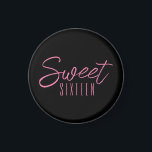 Sweet Sixteen 16th birthday party Magnet<br><div class="desc">Modern pink Sweet Sixteen magnet with pink text on black.  Matching party range available. Please use the message me button below for help with further customization and special requests.</div>
