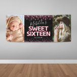 Sweet Sixteen 16th Birthday Party Photo Banner<br><div class="desc">Girly 16th birthday party banner featuring a trendy black background,  2 large photos,  pink glitter sparkles and confetti,  sweet sixteen pink hellium balloons,  and a custom celebration template that is easy to personalize.</div>