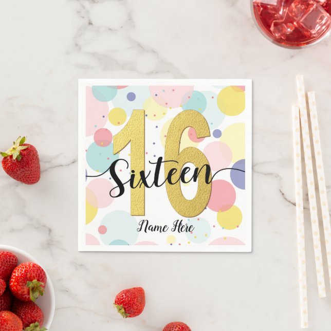Sweet Sixteen 16th Birthday Pastel Rainbow Gold Napkins (Insitu)