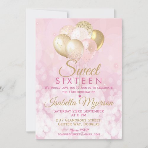 Sweet Sixteen 16th Birthday Pink Glitter Balloon Invitation