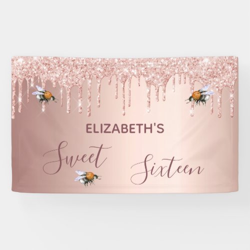 Sweet sixteen 16th birthday rose gold glitter bees banner