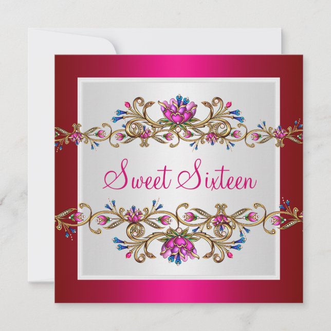 Sweet Sixteen 16th Birthday White Gold Fushia Invitation (Front)
