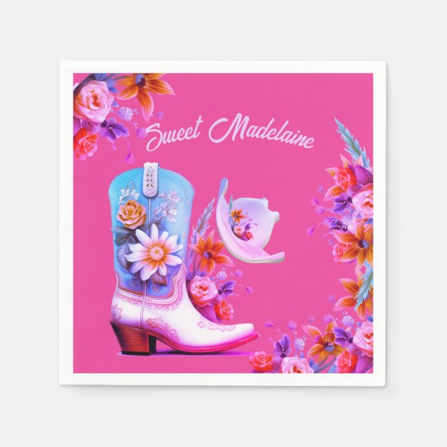 Sweet Sixteen 16th Cowgirl Floral Pink Birthday Napkins (Front)