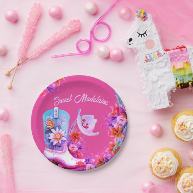 Sweet Sixteen 16th Cowgirl Floral Pink Birthday Paper Plates (Party)